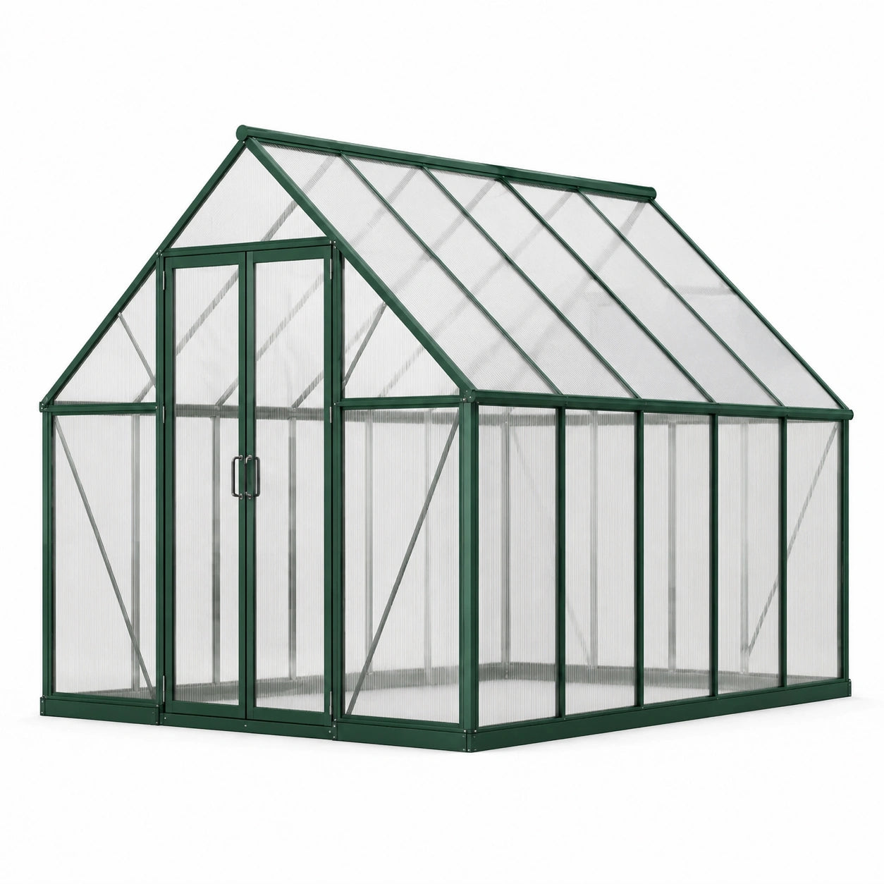 Serra da giardino 250 × 190 × 195 cm in alluminio verde e policarbonato trasparente con tetto a falde e doppia porta