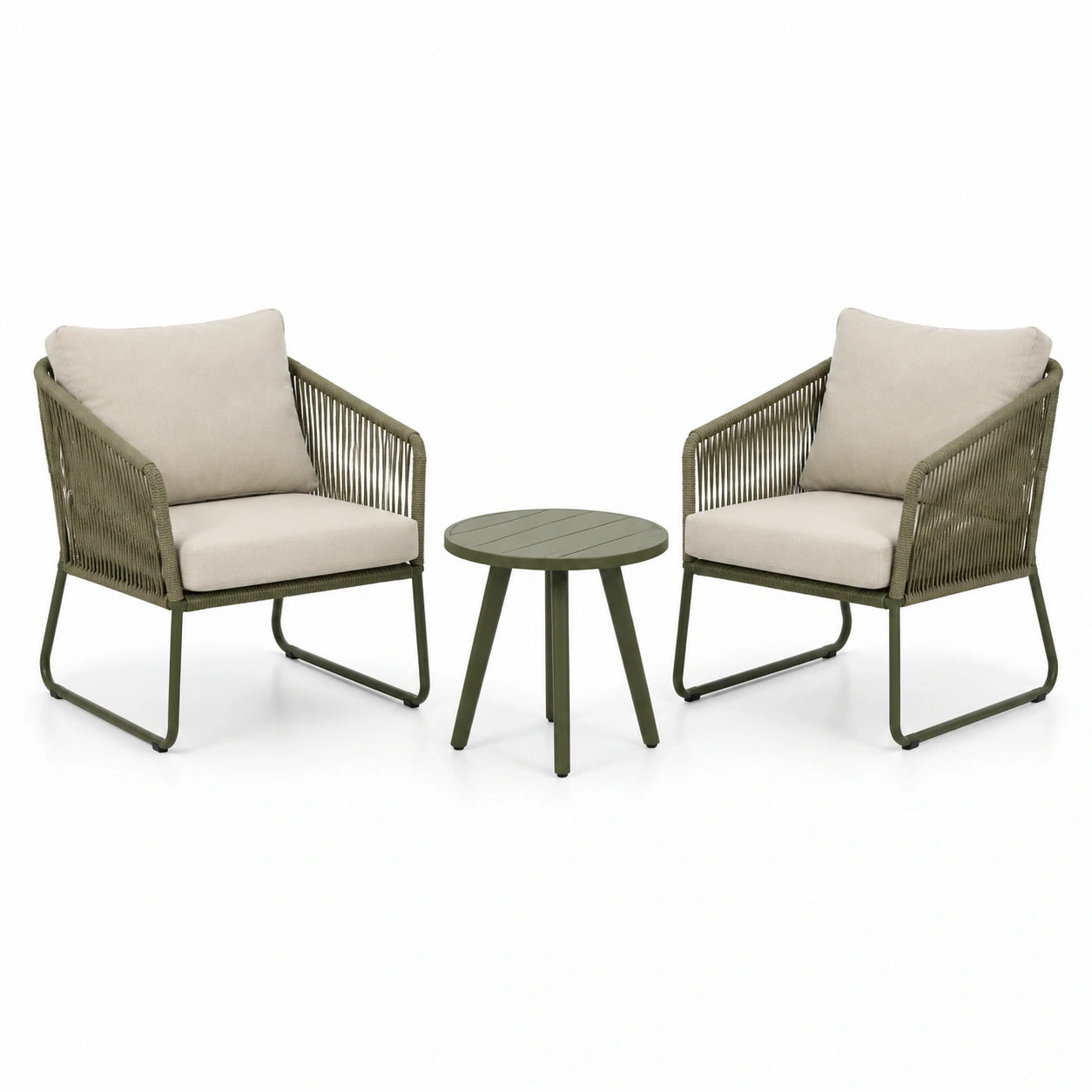 Set da esterno 3 pezzi con 2 poltrone 72 × 75 × 82 cm e tavolino Ø 55 × 45 cm, verde oliva e beige