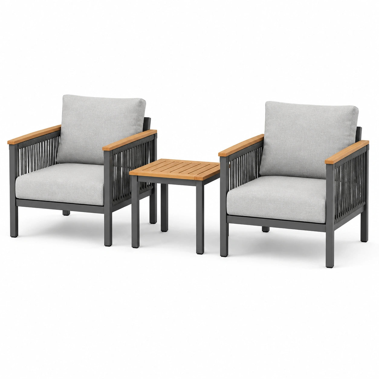 Set da giardino 3 pezzi con 2 poltrone 68 × 74 × 83 cm e tavolino 50 × 50 × 48 cm, grigio chiaro, antracite e legno naturale