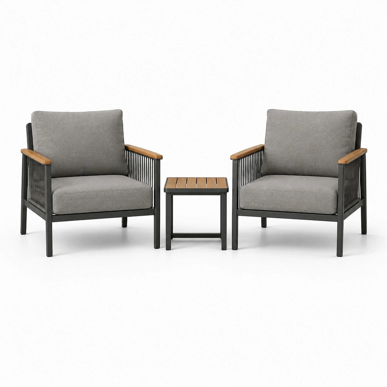 Set da esterno 3 pezzi grigio, nero e marrone con 2 poltrone da 70 × 75 × 80 cm e tavolino da 45 × 45 × 45 cm