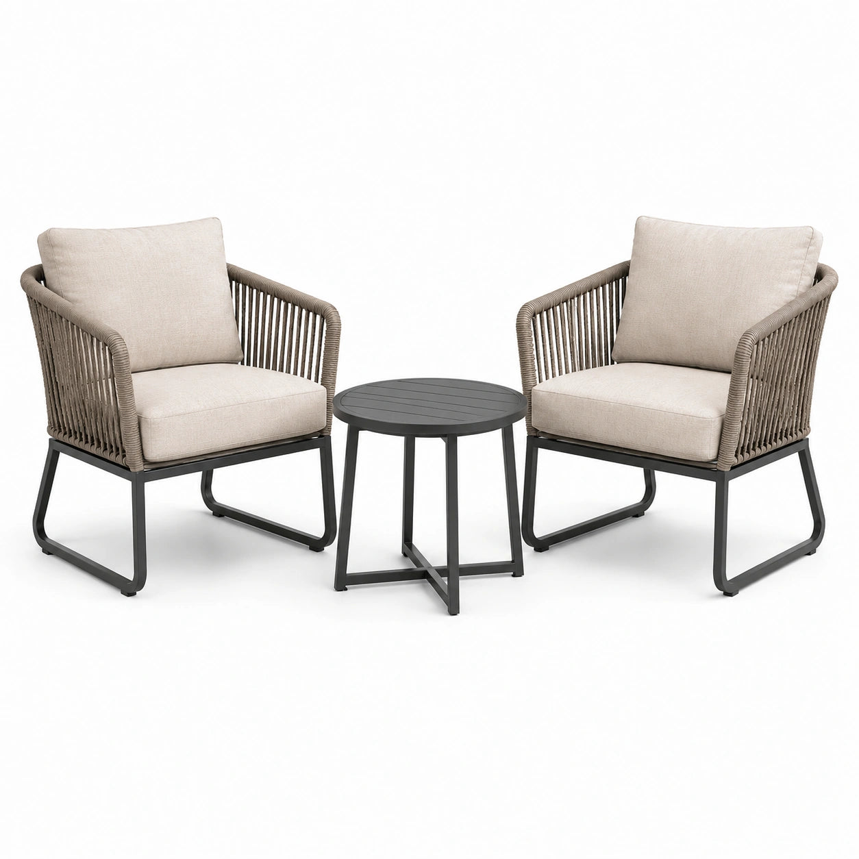 2 poltrone con tavolino rotondo, poltrone 73 × 77 × 80 cm e tavolino Ø 55 × 50 cm, tortora, beige e antracite