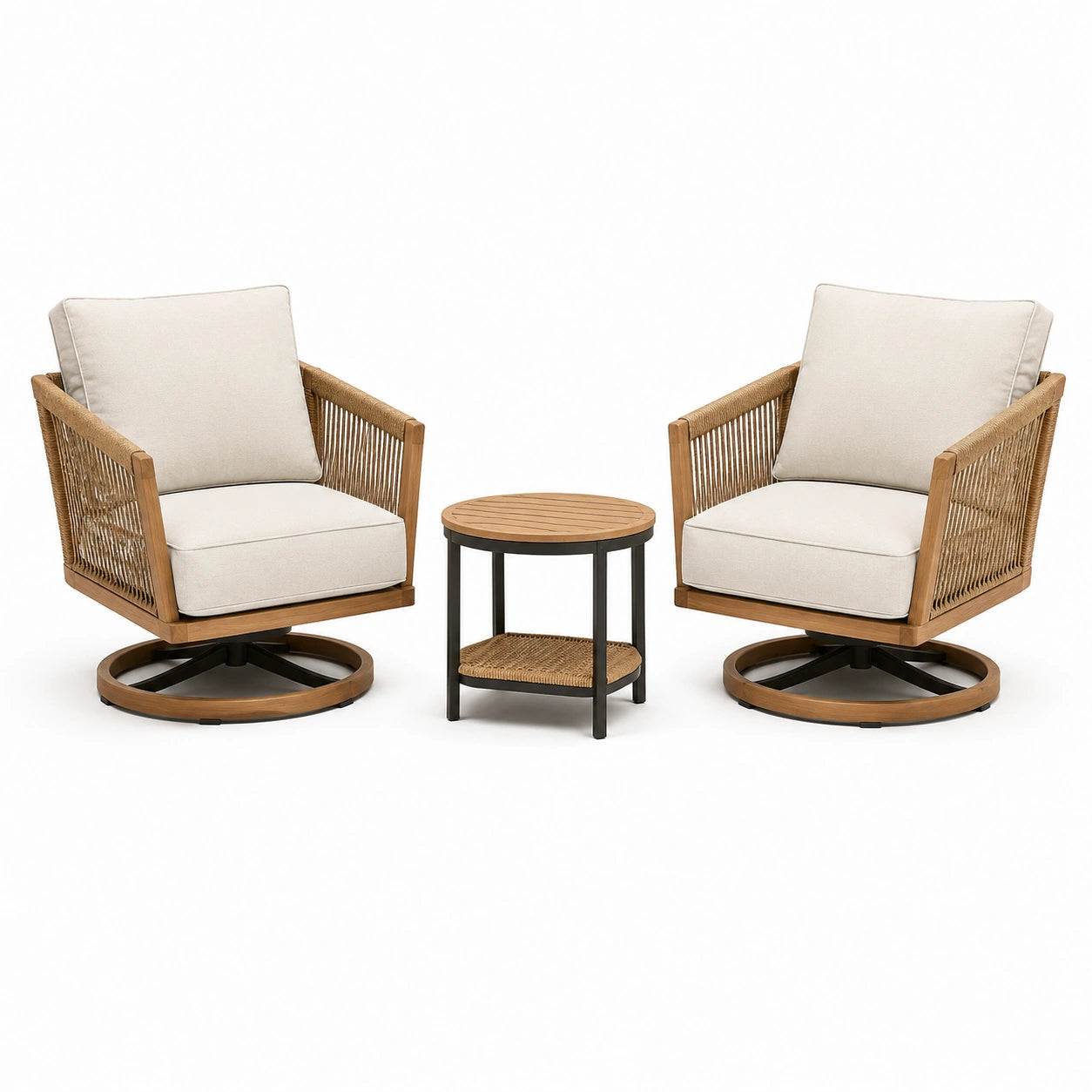 Set da giardino 3 pezzi con 2 poltrone girevoli 78 × 82 × 86 cm e tavolino Ø 50 × 55 cm, beige, naturale e nero